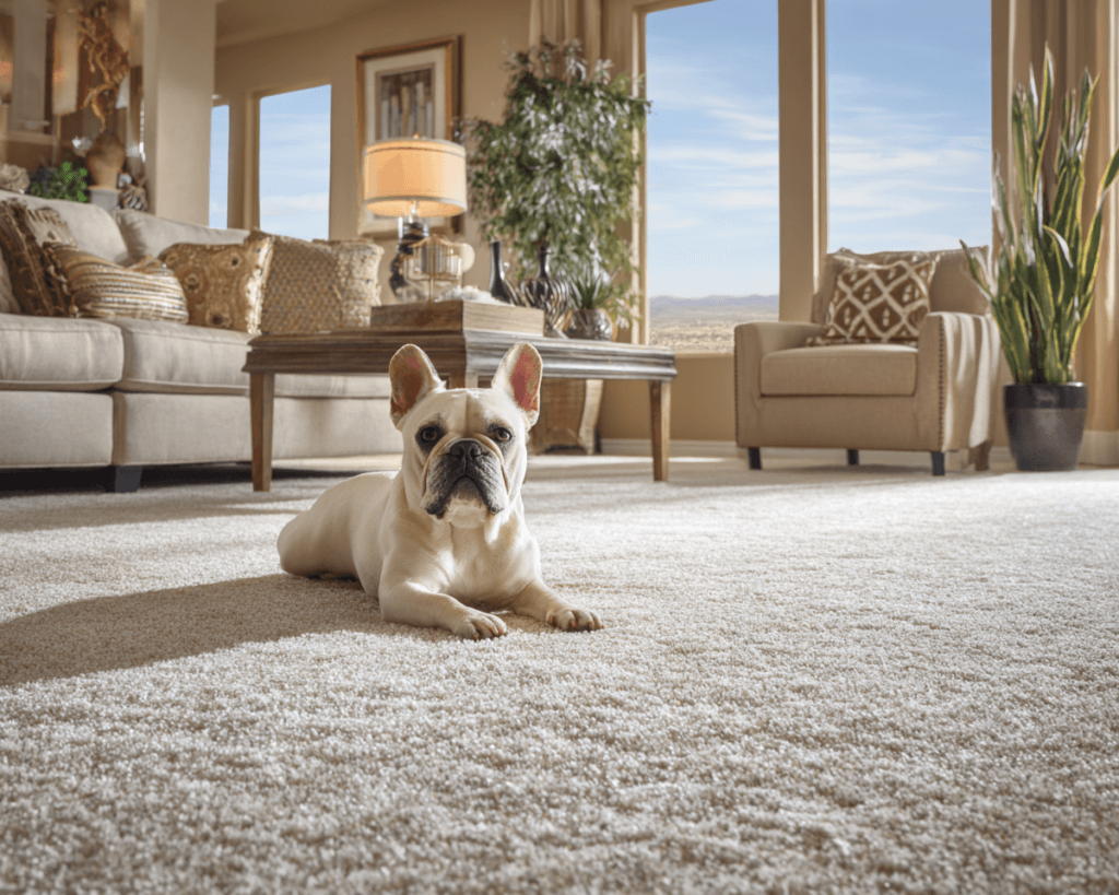 Dog resting on freshly cleaned carpet in Summerlin NV home living room